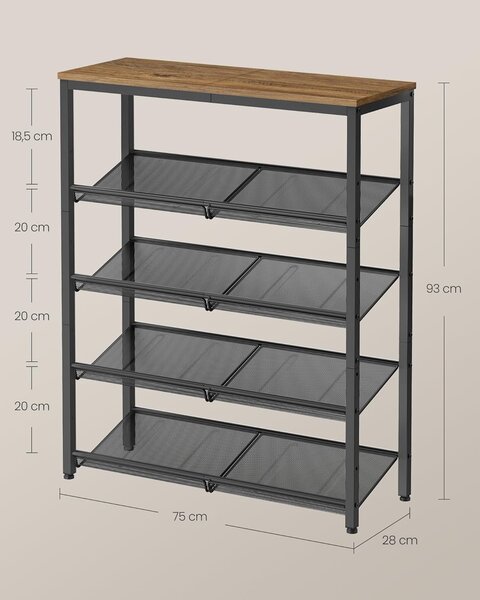 VASAGLE Botník 5 polic 75 x 93 x 28 cm industriální černý