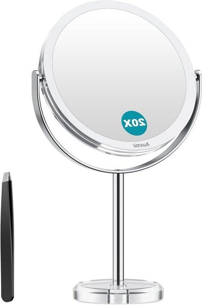 Zrcadlo s osvětlením a dvojitou stranou, s 1x a 20x zvětšením, s HD kvalitou, otočné o 360°, vhodné do koupelny, ložnice a na toaletní stolek