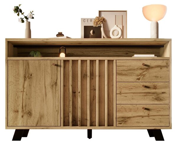 Komoda o rozměrech 120x40x85 cm s povrchem imitujícím tmavé dřevo, s lameloovým předním panelem, 3 zásuvkami a 2 dvířky, v vintage stylu, vhodná do obývacího pokoje, jídelny a chodby