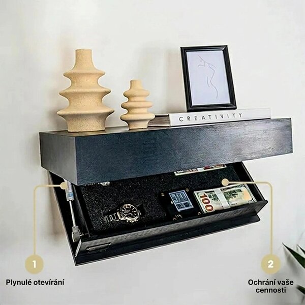 Floatshelf™ Nástěnná Police S Tajnou Přihrádkou (53 X 17,5 X 5 Cm), Černá