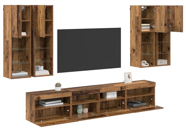 Sada nástěnného TV černíku s LED osvětlením 7 ks Staré dřevo 3402794