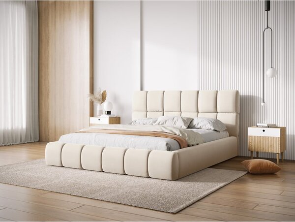Krémová sametová čalouněná dvoulůžková postel s úložným prostorem s roštem 180x200 cm Bellis – Micadoni
