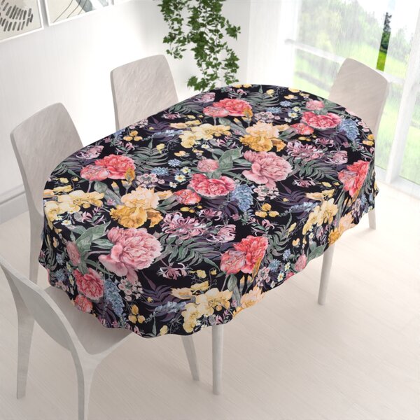 Biante Sametový oválný ubrus Tamara TMR-019 Zahradní květy na černém 100x140 cm