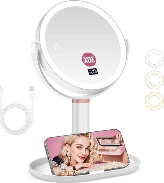 FastShopping - 20 cm Zvětšení zrcadla s světlem - 30X/1X Dvojitý make-back zrcátka s střihači, 3 barevné režimy, Nastavitelné jas, 360° Otáčení