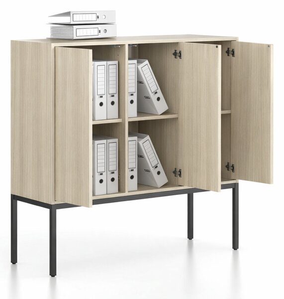 Kancelářská skříň FRAME, nízká, černá podnož, 3x dveře, 1299 x 450 x 1331 mm, PUSH-lock, dub přírodní