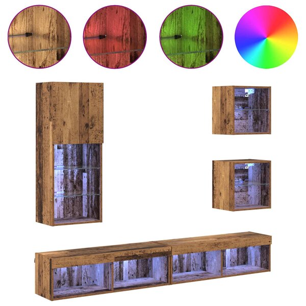 TV nástěnné jednotky s LED 5 ks Staré dřevo 100 x 30 x 30 cm 3402950