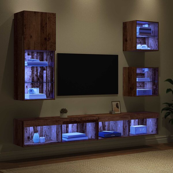 TV nástěnné jednotky s LED 5 ks Staré dřevo 100 x 30 x 30 cm 3402950