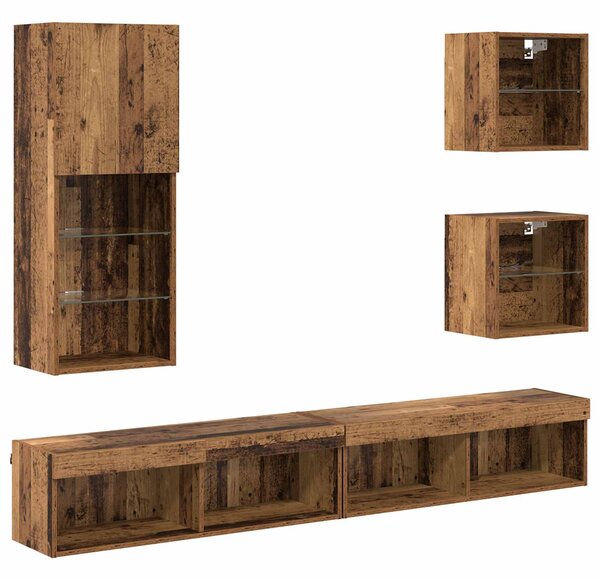 TV nástěnné jednotky s LED 5 ks Staré dřevo 100 x 30 x 30 cm 3402950