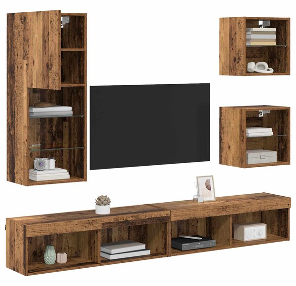 TV nástěnné jednotky s LED 5 ks Staré dřevo 100 x 30 x 30 cm 3402950