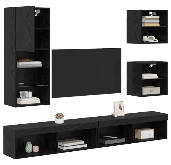 TV nástěnné jednotky s LED 5 ks Černý dub 100 x 30 x 30 cm 3402952