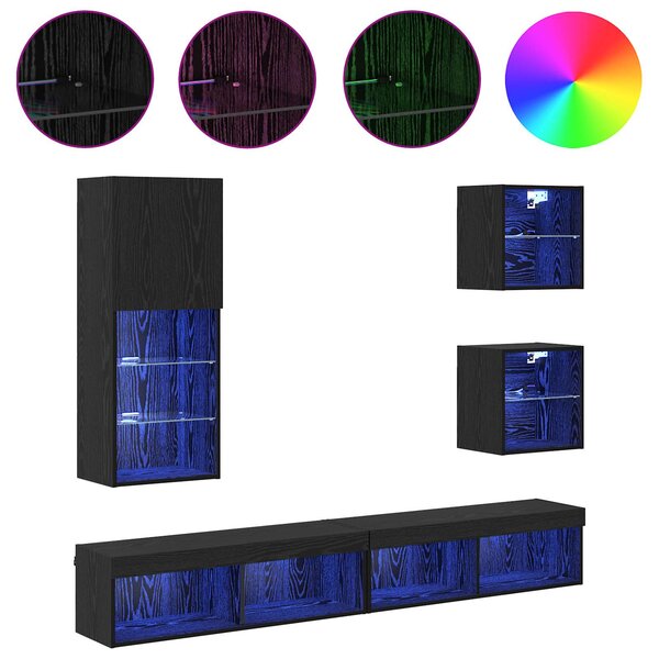 TV nástěnné jednotky s LED 5 ks Černý dub 100 x 30 x 30 cm 3402952