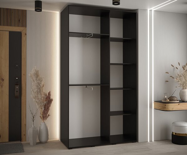 Šatní skříň DAVOS 5 posuvné dvěře a zrcadlo, 140×235×45, Černá / černé pojezdy