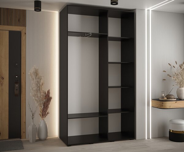 Šatní skříň DAVOS 5 posuvné dvěře a zrcadlo, 140×235×45, Černá / černé pojezdy