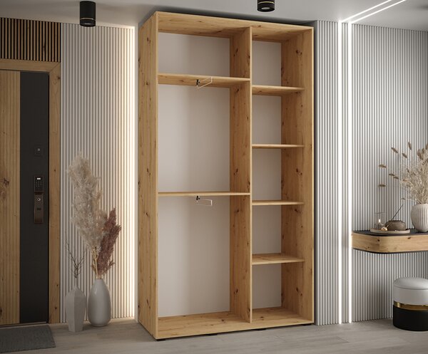 Šatní skříň DAVOS 5 posuvné dvěře a zrcadlo, 140×235×45, DUB Artisan / bílá / stříbrné