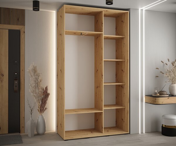 Šatní skříň DAVOS 5 posuvné dvěře a zrcadlo, 140×235×45, DUB Artisan / bílá / stříbrné