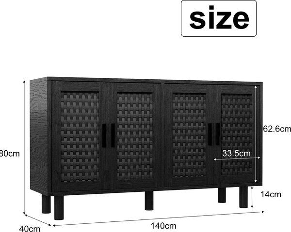 UnboxG Komoda černá 140x40x80 cm, masivní dřevěná skříň se 4 dvířky, moderní vysoká skříň do obývacího pokoje, jídelny nebo chodby