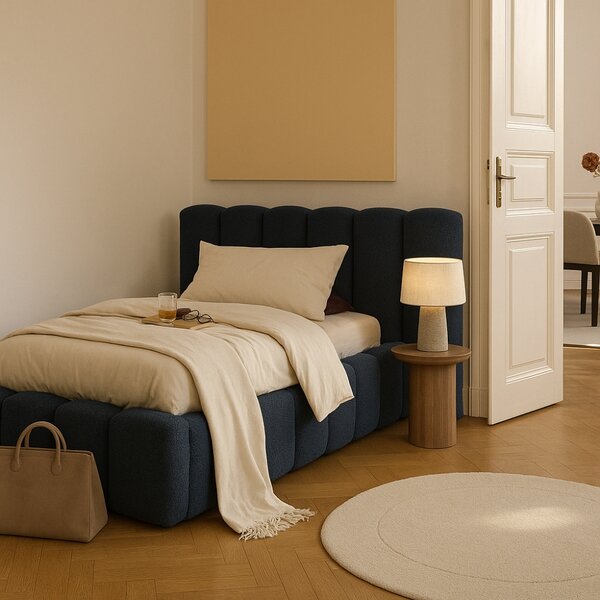 Micadoni Tmavě modrá bouclé postel Lupine 90 x 200 cm s úložným prostorem