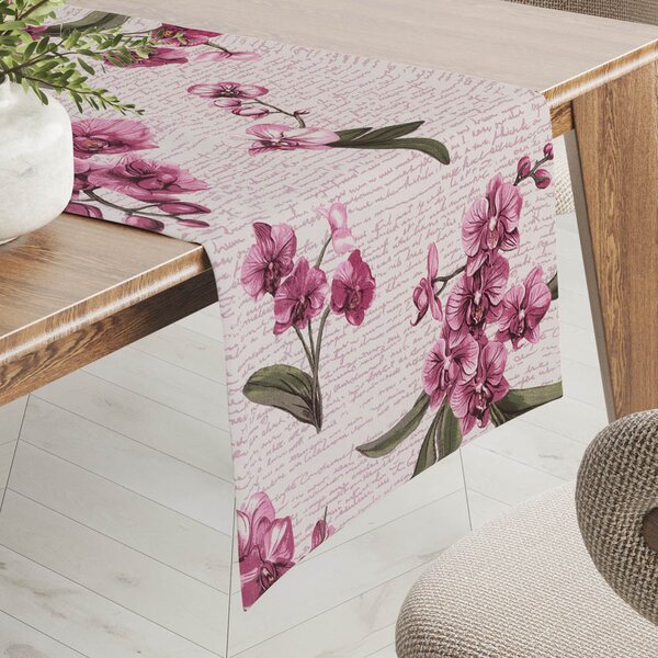 Biante Bavlněný běhoun na stůl Sandra SA-635 Růžovofialové orchideje na bílém 20x120 cm