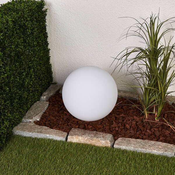 Lindby LED solární lampa Lago, Ø 30 cm, globus, zemní trn, bílá, Bílá / opál, Plast, Moderní, Venkovní koule