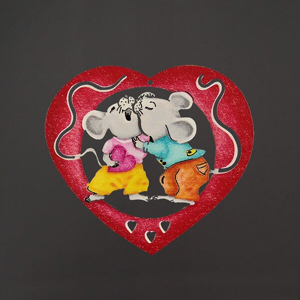 AMADEA Dřevěná barevná ozdoba srdce myšky, 9 cm, český výrobek