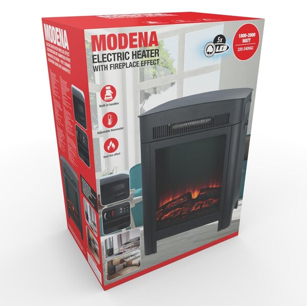 Elektrický krb Classic Fire Modena s vytápěním a otevřeným ohněm - Dekorativní krb s LED osvětlením - Nastavitelný termostat - 2 stupně ohřevu 1800W/2000W - 41 x 59 x 26 cm - Černá barva