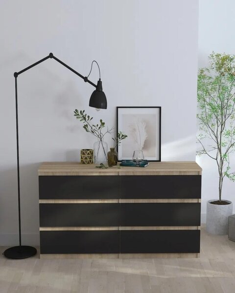 Komoda z dubu Sonoma, černá, s zásuvkami, šířka 120 cm, 6 zásuvek, prostorná. VÝROBCE