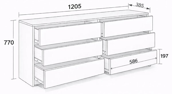 Komoda z dubu Sonoma, černá, s zásuvkami, šířka 120 cm, 6 zásuvek, prostorná. VÝROBCE