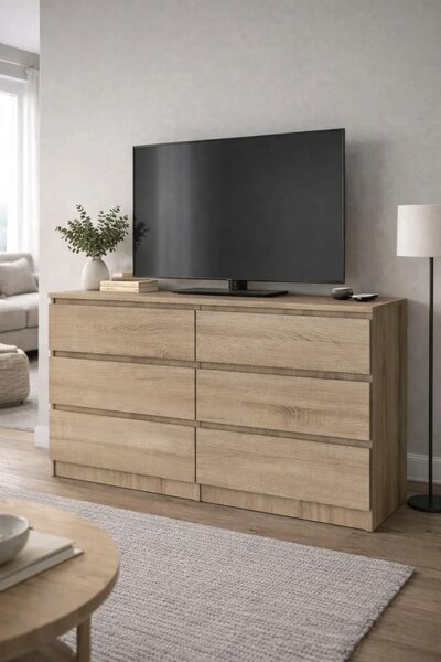 Komoda z dubu Sonoma s zásuvkami, šířka 120 cm, 6 zásuvek, vhodná do ložnice i obývacího pokoje. VÝROBCE:
