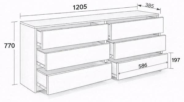 Bílá komoda se zásuvkami, 120 cm, 6 zásuvek, vhodná do ložnice i obývacího pokoje – VÝROBCE