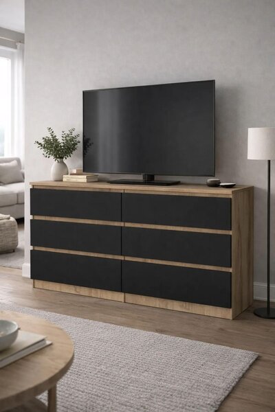 Komoda z dubu Sonoma, černá, s zásuvkami, šířka 120 cm, 6 zásuvek, prostorná. VÝROBCE