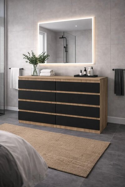 Komoda z dubu Sonoma s zásuvkami, šířka 120 cm, 8 zásuvek, čelní plochy v černé barvě. VÝROBCE