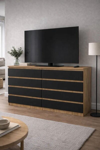 Komoda z dubu Sonoma s zásuvkami, šířka 120 cm, 8 zásuvek, čelní plochy v černé barvě. VÝROBCE