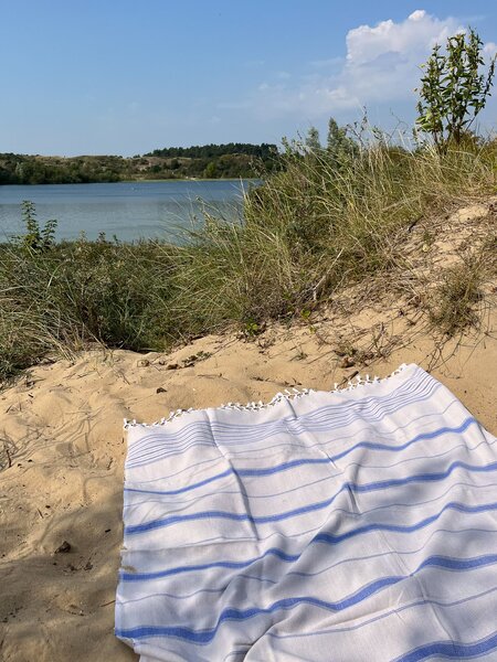 Osuška bavlněná béžově šedá s modrými proužky