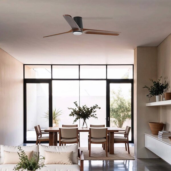 FARO BARCELONA LED stropní ventilátor Heywood L, černý/dřevo, DC, tichý, stmívatelný, Tmavé dřevo, Obývací pokoj / jídelna, Dřevo, Moderní