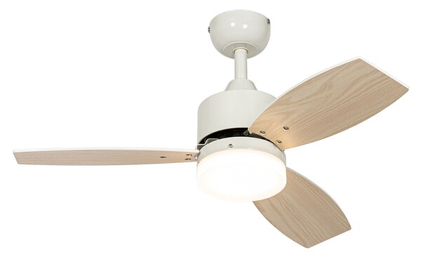 Venkovní stropní ventilátor bílý s dřevěným potiskem 91,3 cm vč. LED stmívatelný s dálkovým ovládáním IP44 - Toledo