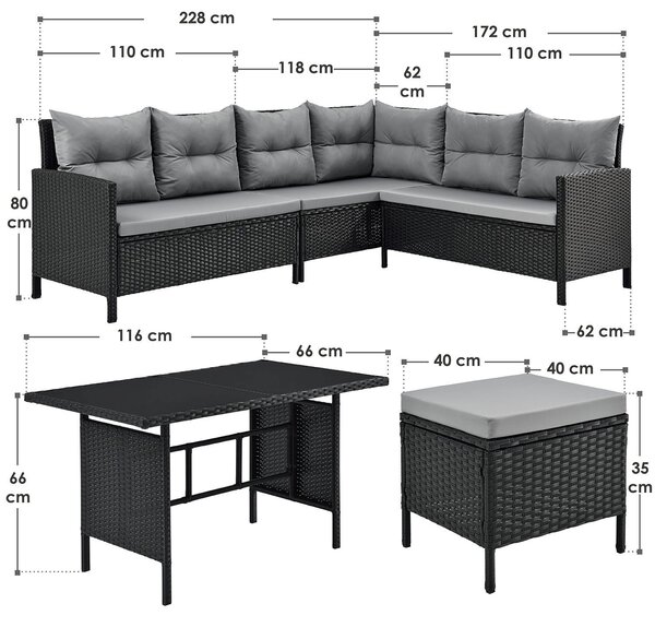 Juskys Zahradní ratanový set Manacor - černý/šedé podušky