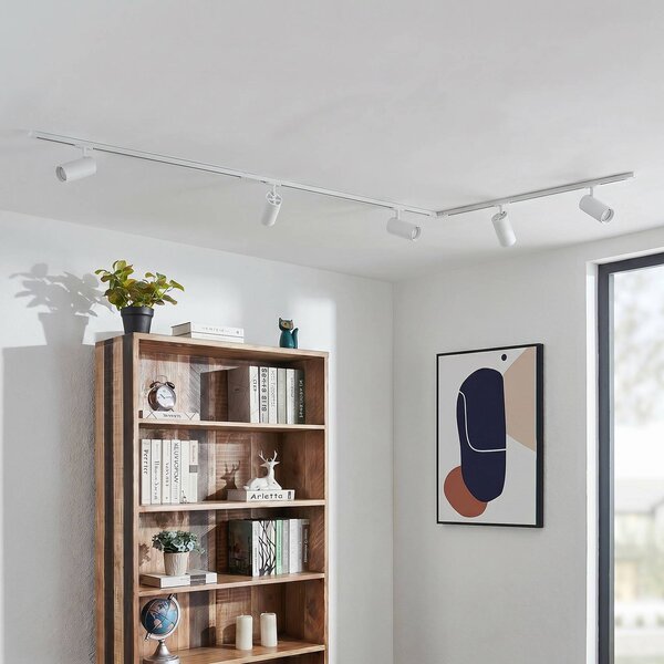 Lindby Systém lišt Linaro, Ø 7 cm, 5ramenný, LED, bílá,, stmívatelný, Bílá / opál, Pracovna / kancelář, Hliník, Moderní