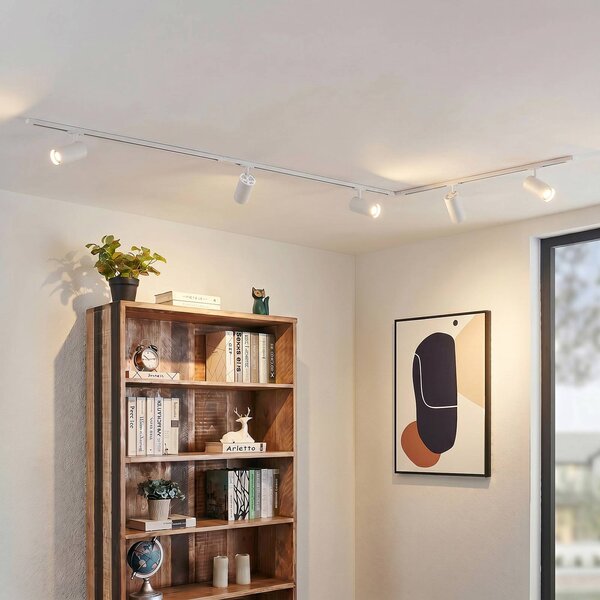 Lindby Systém lišt Linaro, Ø 7 cm, 5ramenný, LED, bílá,, stmívatelný, Bílá / opál, Pracovna / kancelář, Hliník, Moderní