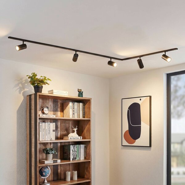 Lindby Systém lišt Linaro, Ø 7 cm, 5ramenný, LED, černý,, stmívatelný, Černá, Pracovna / kancelář, Hliník, Moderní