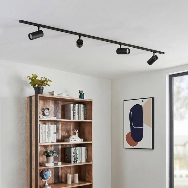 Lindby Systém lišt Linaro, Ø 7 cm, 4 žárovky, LED, černá,, stmívatelný, Černá, Pracovna / kancelář, Hliník, Moderní