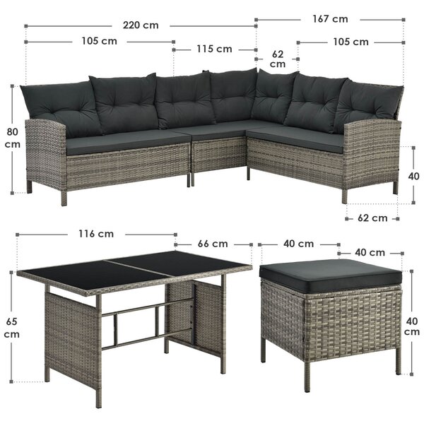 Juskys Zahradní ratanový set Manacor - šedý/antracit polštáře