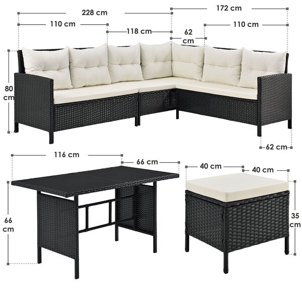 Juskys Zahradní ratanový set Manacor - černý/krémové podušky