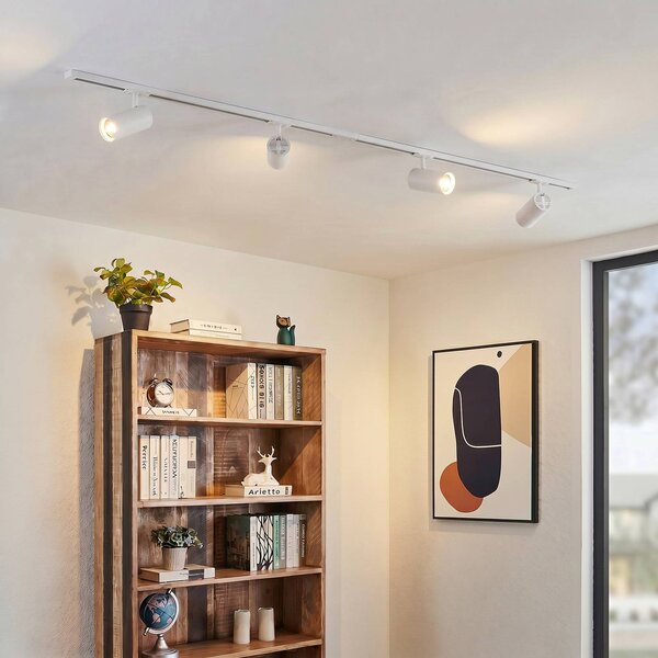 Lindby Systém lišt Linaro, Ø 7 cm, 4ramenný, LED, bílá,, stmívatelný, Bílá / opál, Pracovna / kancelář, Hliník, Moderní