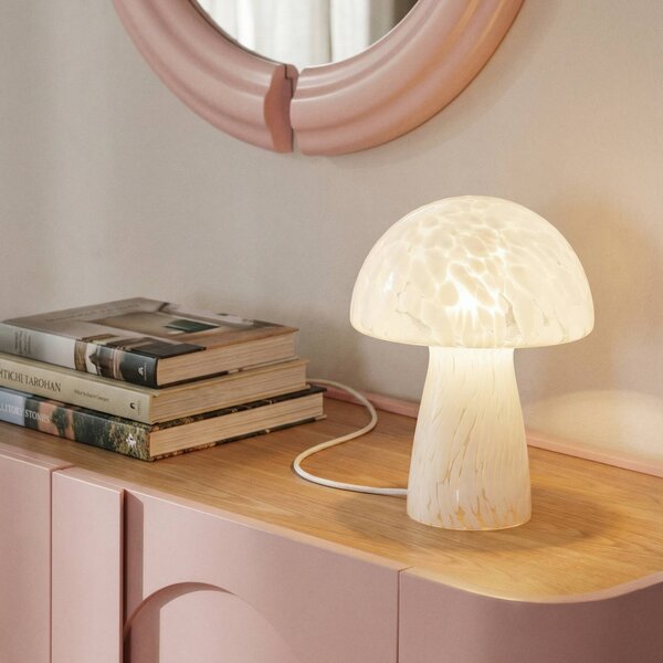 Lindby Stolní lampa Hubi, bílá, sklo, Ø 22 cm, hřibovitý tvar, Bílá / opál, Obývací pokoj / jídelna, Sklo, Moderní