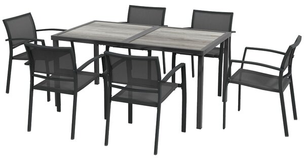 Outsunny Ocelový zahradní set 7 kusů s 1 stolem a 6 stohovatelnými kovovými židlemi Epoxy Textilene Tmavě šedá | Aosom