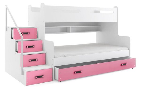 Patrová postel MAX 3 COLOR + úložný prostor + matrace + rošt ZDARMA, 120x200, bílý, růžová