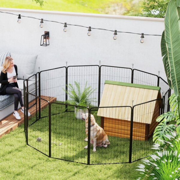 PawHut Playpen pro štěňata s 12 panely 68x100 cm - Dveře, kolíky do země, flexibilní, skládací ochranný kryt - Volný prostor, 100 cm vysoký | Aosom