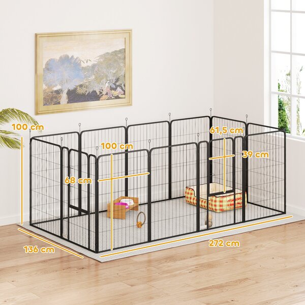 PawHut Playpen pro štěňata s 12 panely 68x100 cm - Dveře, kolíky do země, flexibilní, skládací ochranný kryt - Volný prostor, 100 cm vysoký | Aosom
