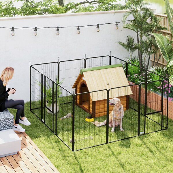 PawHut Playpen pro štěňata s 12 panely 68x100 cm - Dveře, kolíky do země, flexibilní, skládací ochranný kryt - Volný prostor, 100 cm vysoký | Aosom