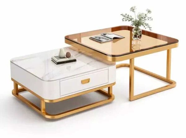 LuxuryForm DESIGN Konferenční stolek ARAGON 70 × 70 / 60 × 60 cm – zlatý / bílý mramor + sklo (set 2 ks)